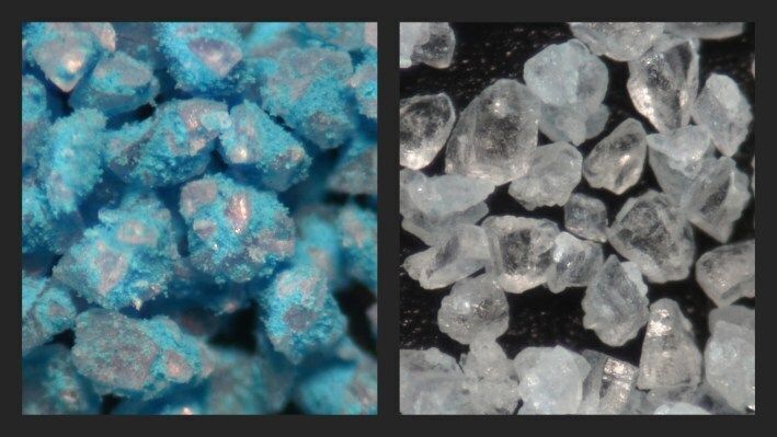 吸药前后配方对比示意图，左侧为吸入前药泡状态，右侧为吸入后残留状态。大透明颗粒为乳糖晶体，小蓝颗粒代表活性药物成分 —— 图片来源：剑桥医疗创新公司